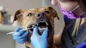 Dog receiving dental care to maintain healthy teeth and gums.